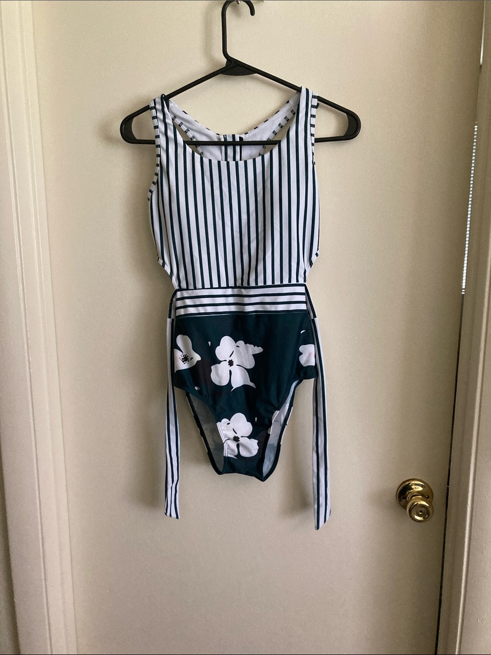 Striped & Floral One-Piece Swimsuit in Navy and White